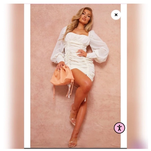 PRETTYLITTLETHING Ivory Ruched Dress